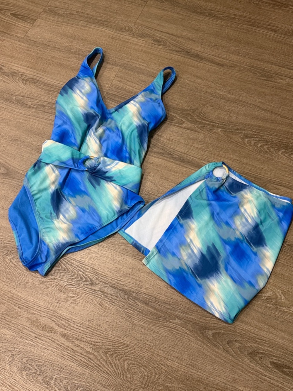 Jessica Simpson Blue and Teal Watercolor One-Piece with Matching Skirt